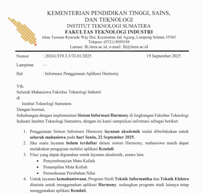 Informasi Penggunaan Aplikasi Harmony Bagian Akademik untuk Seluruh Mahasiswa