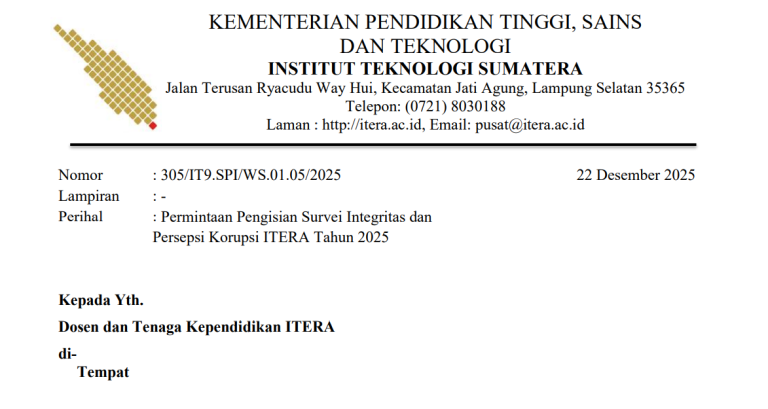 Permintaan Pengisian Survei Integritas danPersepsi Korupsi ITERA Tahun 2025