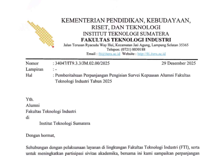 Pemberitahuan Perpanjangan Pengisian Survei Kepuasan Alumni Fakultas Teknologi Industri Tahun 2025