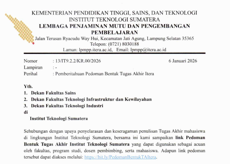 Pemberitahuan pedoman Bentuk Tugas Akhir Itera