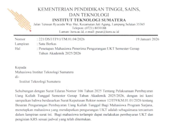 Penetapan Mahasiswa Penerima Pengurangan UKT Semester Genap Tahun Akademik 2025/2026