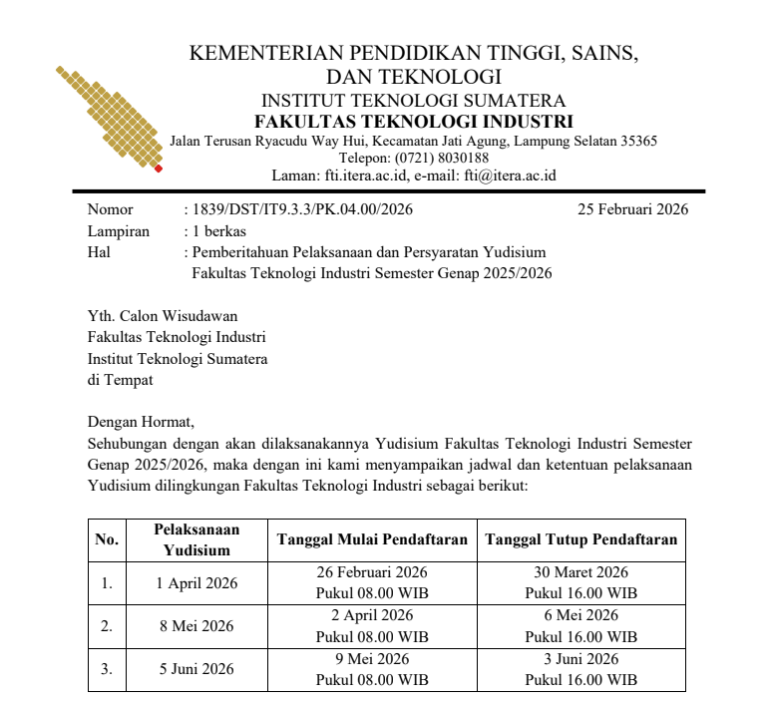 Pemberitahuan Pelaksanaan dan Persyaratan Yudisium Fakultas Teknologi Industri Semester Genap 2025/2026