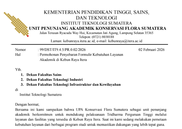 Permohonan Penyebaran Formulir Kebutuhan Layanan Akademik di Kebun Raya Itera