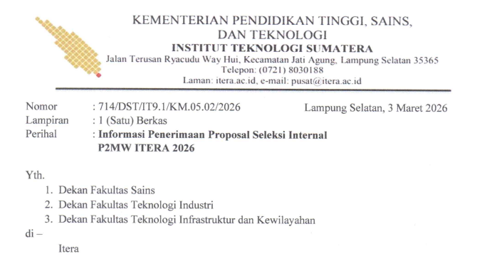 Informasi Timeline dan Penerimaan Proposal Seleksi Internal P2MW ITERA 2026
